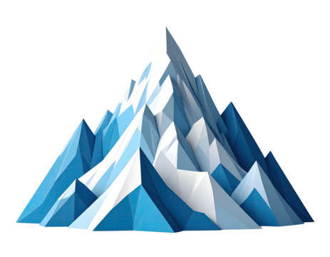 A geometric illustration of a towering mountain peak with blue and white color scheme