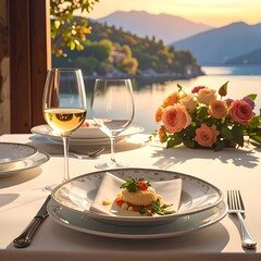 Elegant table setting with floral arrangement overlooking serene lake at sunset