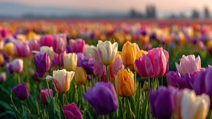 A Vibrant Sea of Multicolored Tulips Bathed in the Warm, Hazy Glow of Sunrise
