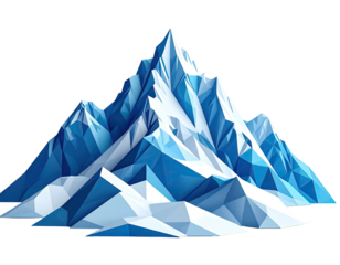 A geometric illustration of a towering mountain range with sharp peaks in shades of blue and white