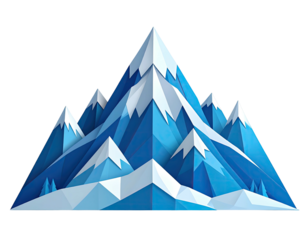 Stylized graphic featuring multiple snow-capped peaks with various icy blue triangular shapes