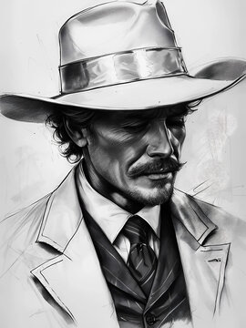 disegno a china del volto di un'uomo elegante con baffi, pizzetto e cappello bianco, ink drawing of the face of an elegant man with a mustache, goatee, and white hat