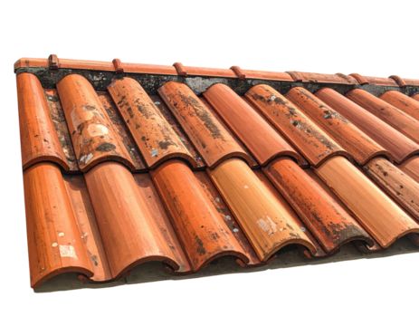 Detailed view of a weathered roof, showcasing terracotta tiles on a sunny day