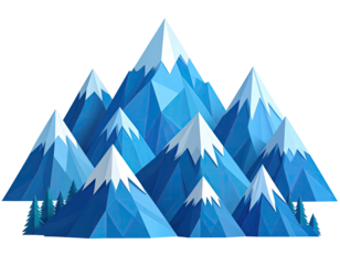 A geometric illustration featuring a cluster of icy blue mountain peaks