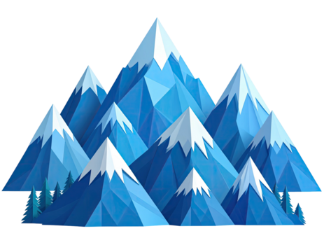 A geometric illustration featuring a cluster of icy blue mountain peaks