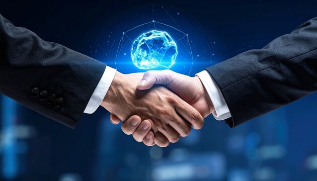 Business handshake with digital globe symbolizes global business agreement, deal and partnership  - Powered by Adobe