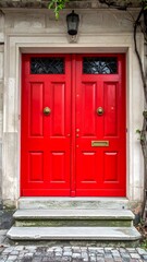 A vibrant, double-doored entrance featuring bright red paint and brass hardware, set within a stone facade, and framed by climbing greenery