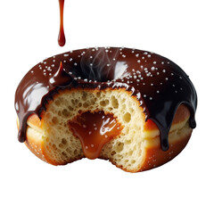 Extreme close-up of a decadent brioche donut with a dripping dark chocolate glaze, revealing fluffy crumb, oozing salted caramel, and steam on a gray background, delectable dessert concept