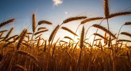 A golden wheat field against a clear blue sky with a sun setting in the background.