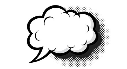 Classic comic book style white speech bubble with a thick black outline and halftone dot shadow.