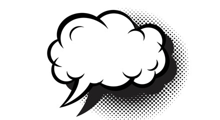 Comic book style speech bubble with a black outline and a halftone effect.