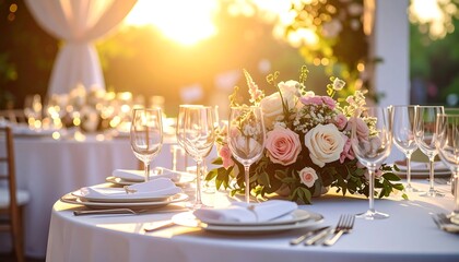 Elegant table setting with floral centerpiece bathed in golden sunlight