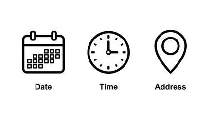 Icons representing date, time, and address, commonly used for event scheduling and location information.