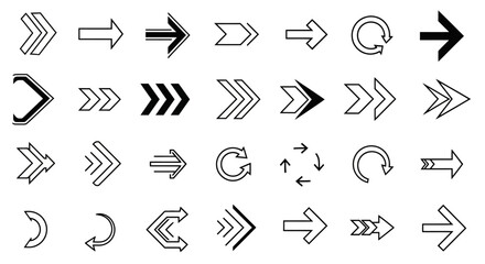A diverse collection of black and white arrow icons, including chevrons, curved, and refresh symbols, isolated on a white background.