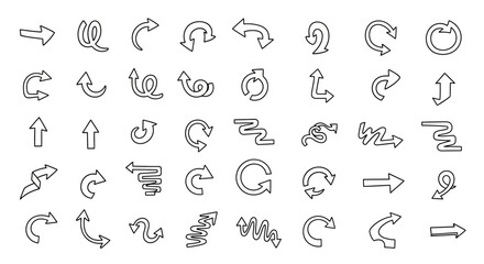 A comprehensive collection of diverse arrow icons, showcasing various directions, curves, and styles for graphic design and UI elements.