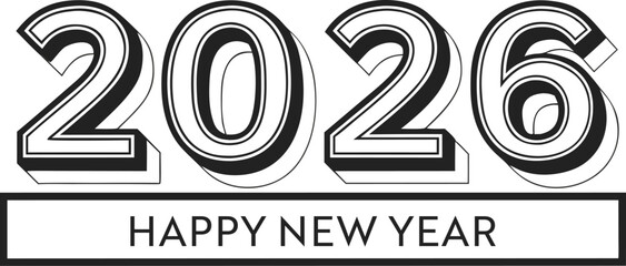 Stylish happy new year 2026 greeting card design isolated on white background decorative banner with numbers and text for holiday celebration in minimalist style