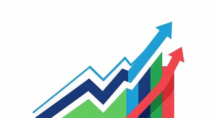 Colorful Financial Growth Graph with Rising Arrows and Trend Lines Highlighting Positive Business Progress on White Background