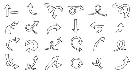 A collection of hand-drawn arrow icons with various styles and directions, presented in a clean, minimalist line art.