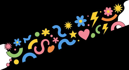 A vibrant diagonal stream of colorful abstract shapes, flowers, and symbols on a black background.