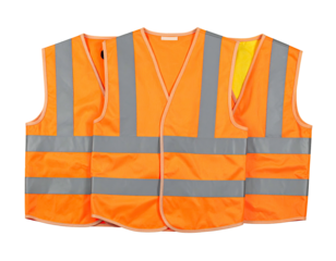Close-up of three orange, reflective safety vests; two fully visible, one partially