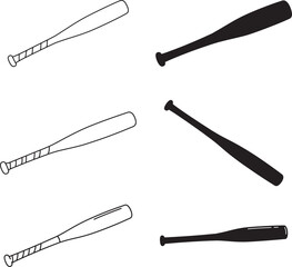 Collection of six baseball bats three in outline drawing and three in solid black silhouette