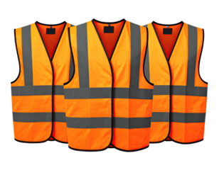 A set of five high-visibility safety vests in orange, arranged in a slightly overlapping row