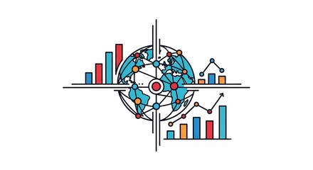 Obraz premium Global business analysis infographic depicts market trends and interconnected data points, illustrating worldwide financial growth statistics.