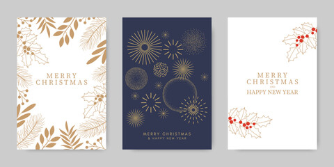 A Merry Christmas and Happy New Year greeting card. Holly berries and branches, a Christmas tree, golden branches, and festive fireworks. 