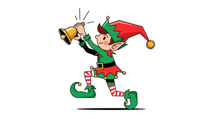 A cartoon elf in a green and red outfit is ringing a golden bell while running.