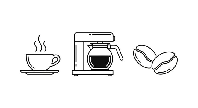 Line art illustration of a cup of coffee, coffee maker, and coffee beans.