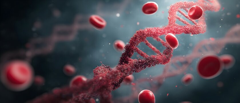 Red blood cells and DNA helix in a scientific medical background. - Powered by Adobe