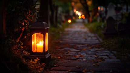 
Single lit lantern on cemetery path. Mexican Day of the Dead, copy space.