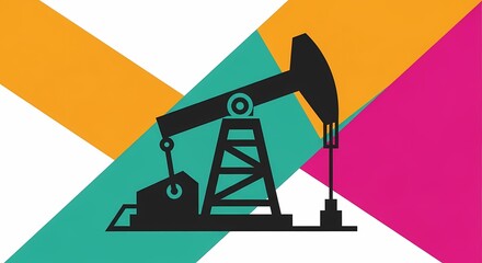 Bold graphic illustration of a black oil pump jack silhouette symbolizing energy extraction and fossil fuels on a vibrant abstract background.