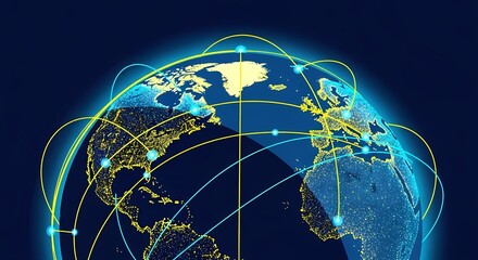Digital globe with glowing network connections showcasing global communication, big data transfer, and futuristic technology infrastructure over dark blue background