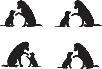 Four silhouette illustrations of a large dog and a small dog interacting playfully and affectionately