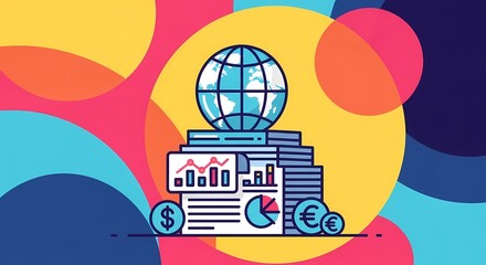 Vibrant illustration showcasing global financial growth with currency symbols, charts, and stacked documents, representing international business analysis and economic data.
