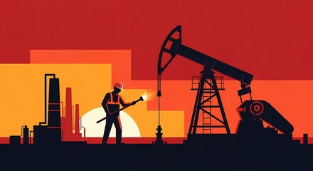 Silhouetted Oil Rig and Worker at Sunset in Industrial Landscape with Bold Red and Orange Sky Illustrating Energy Industry Concept