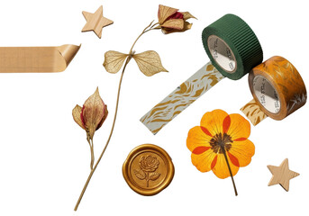 Macro flat lay of grid paper, peeled kraft tape, wooden stars, spools of tape, dried and pressed flowers, gold wax seal on transparent background, dramatic lighting, concept of artisanal craft