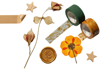 Macro flat lay of grid paper, peeled kraft tape, wooden stars, spools of tape, dried and pressed flowers, gold wax seal on transparent background, dramatic lighting, concept of artisanal craft