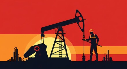 Silhouette of Oil Rig and Worker at Sunset, Highlighting Energy Production and Industrial Labor in Vibrant Red and Orange Tones