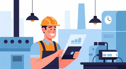 Engineer in yellow hard hat uses digital tablet to monitor industrial manufacturing process in modern factory setting