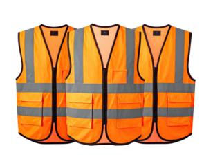 Three high-visibility orange vests with reflective stripes and pockets, displayed against black