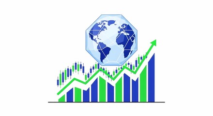 Global Economic Trends Concept with Chart and Globe Icons Highlighting Growth and Market Analytics in Blue and Green Colors