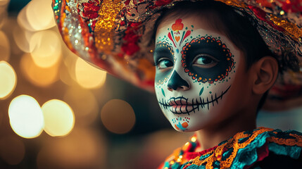 A boy in traditional Mexican costume with a painted skull face. Celebrating Day of the Dead.