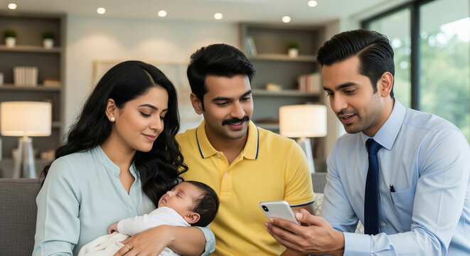 Financial advisor helps young Indian family plan for future.