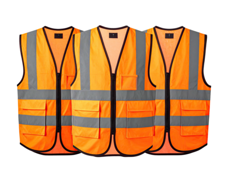 Three high-visibility orange vests with reflective stripes and pockets, displayed against black