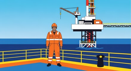 Offshore worker in safety gear stands on oil rig platform with ocean backdrop on a bright clear day illustration