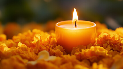 Candle surrounded by marigold petals. Day of the Dead concept, space for text.