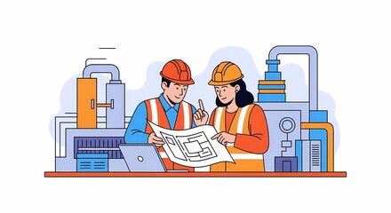 Engineers Collaborating Over Blueprints in Modern Industrial Setting with Machinery, Wearing Safety Gear, Concept of Teamwork and Planning