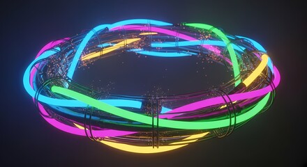 Vibrant 3D rendered abstract neon light torus with glowing digital particles forming a dynamic, modern technology background.